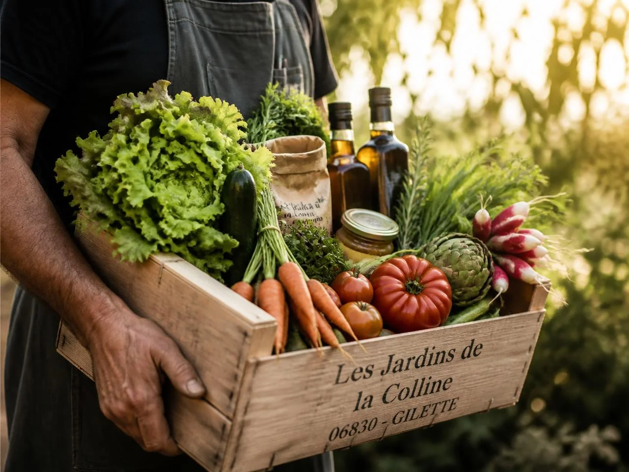 Légumes frais et locaux dans une cagette en bois