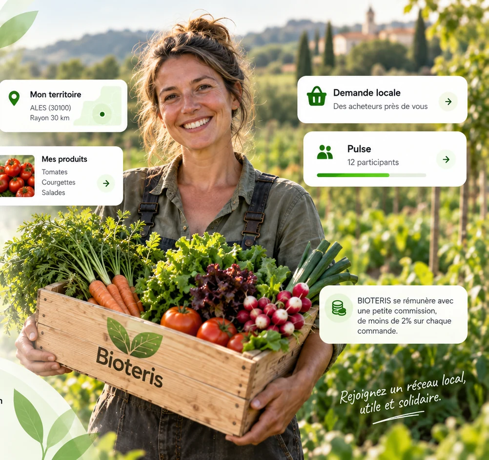 Productrice bio avec une cagette de légumes frais